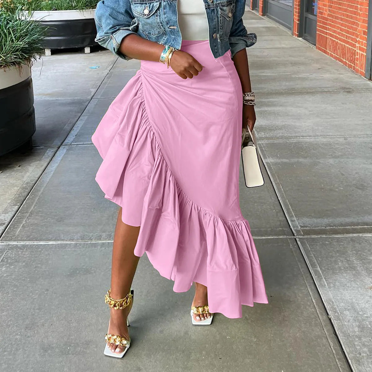 Ruffles Hem Asymmetrical High Waist Maxi Long Skirt