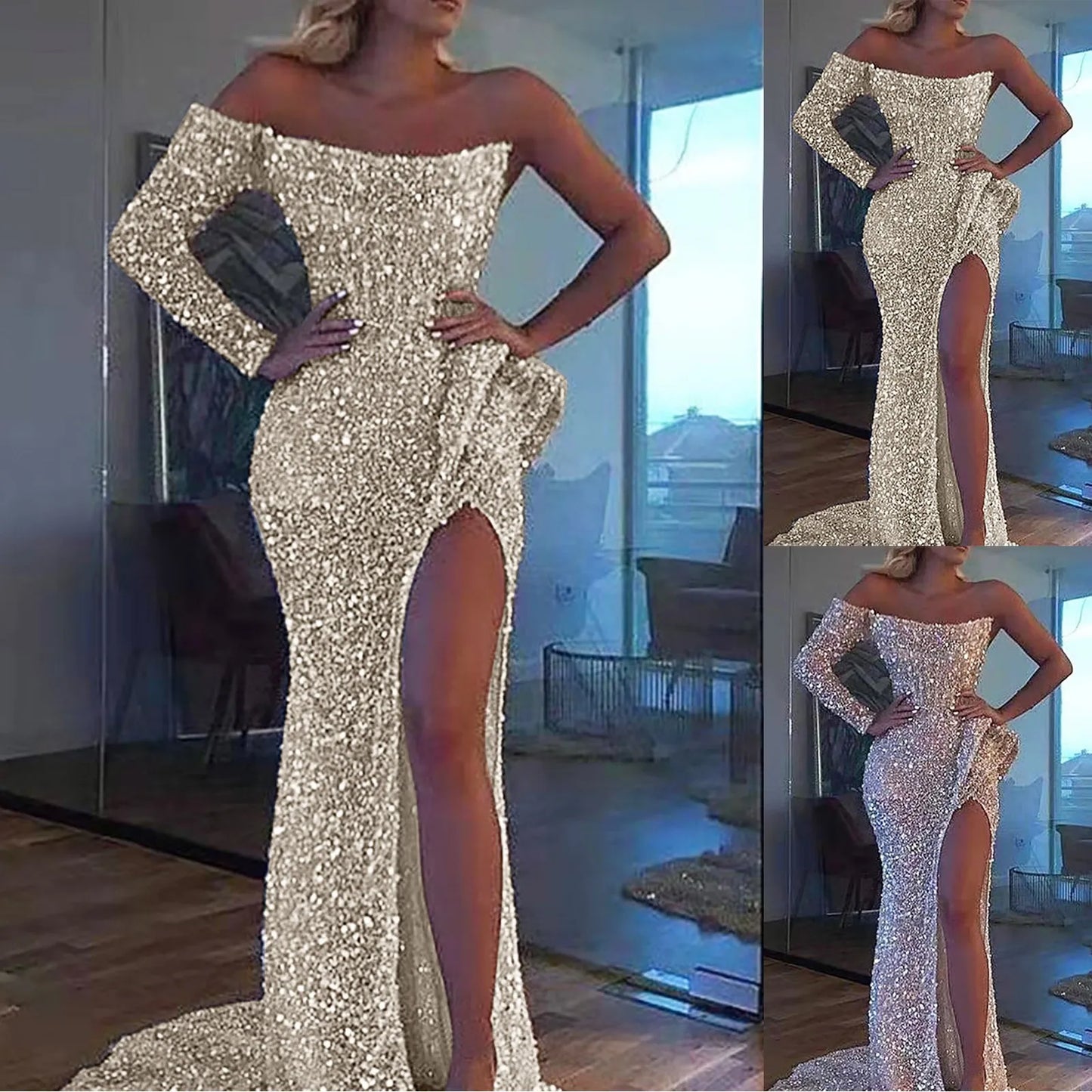 Elegant Sparkly Sequins Dresses Women  Fashion Mermaid Slash Neck One Shoulder Wedding Prom Dress  Split Evening Dress