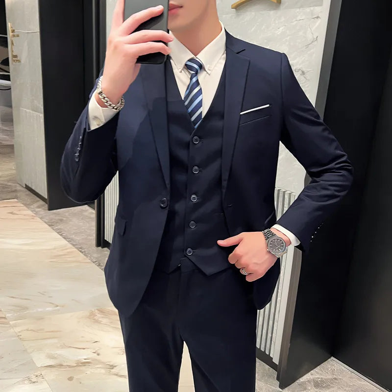 Men's High-Quality 3-Piece Business Casual Wedding Suit Vest Trousers Set Handsome Fashion Banquet Clothing