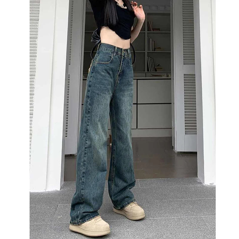 Wide Leg Jeans For Women High Waisted Contrasting Straight Leg Pant Autumn Loose Pants Streetwear