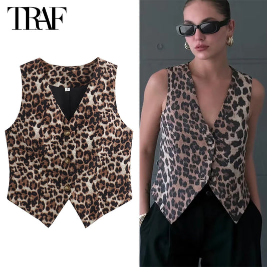 Leopard Print Vests for Women Waistcoat Cropped Sleeveless Vest Woman Fashion Short Women Streetwear