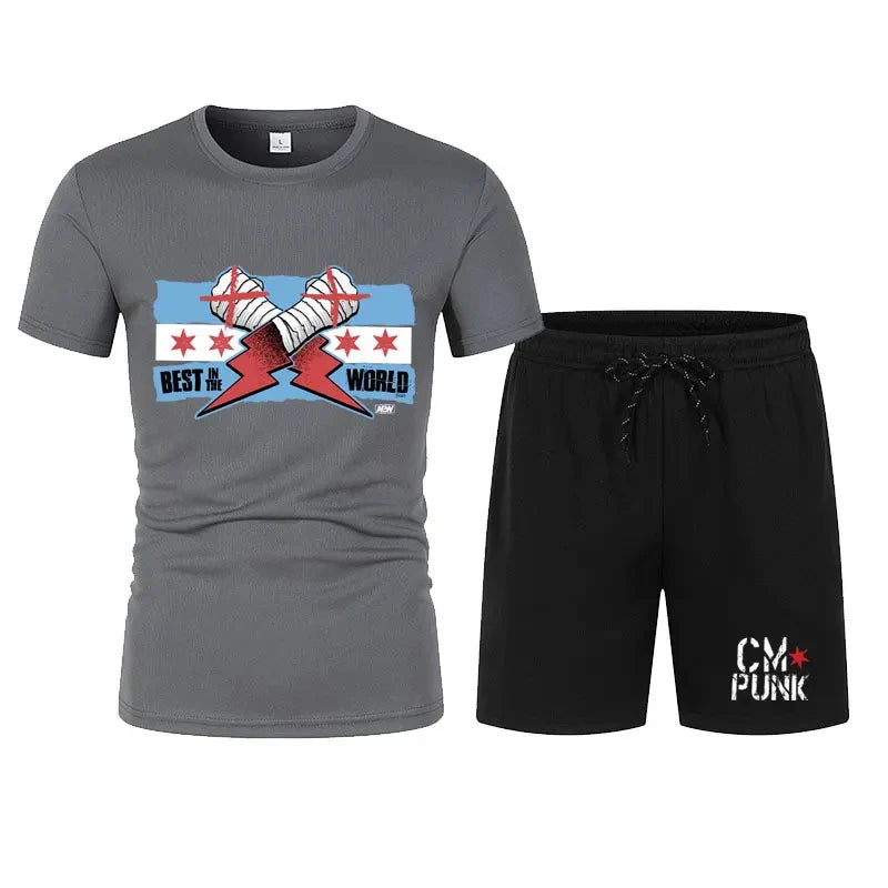 Men's black CM return punk T-shirt shorts suit summer short-sleeved men fashion comfortable loose clothing suit