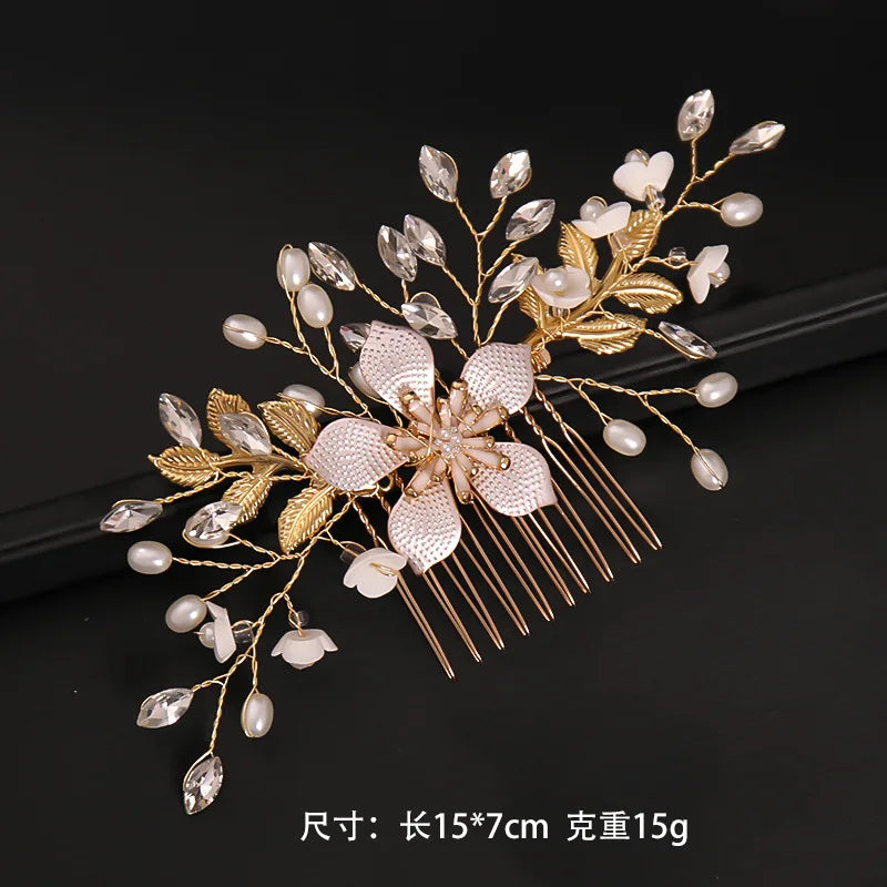 Pearl Flower Hairpin Side Comb Golden Leaf Shaped Alloy  Insert Jewelry Comb Hair Jewelry Bride Headwear