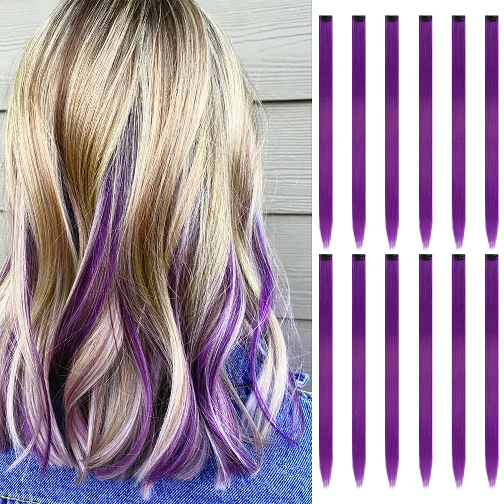 22 inches12pcs/pack Colored Party Synthetic Clip in Hair Extensions  Multi-colors Straight Hair Synthetic Hairpieces