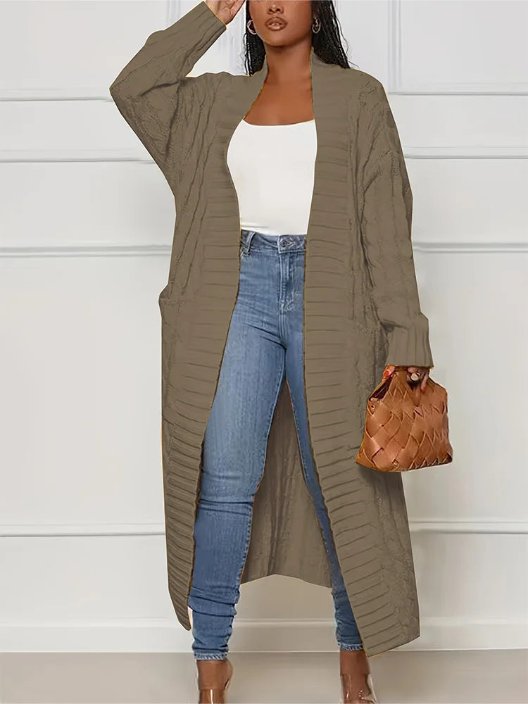 Autumn and Winter Fashion Women's Long Cardigan Sleeve Pocket Solid Colour Relaxed Sweater Acrylic Material