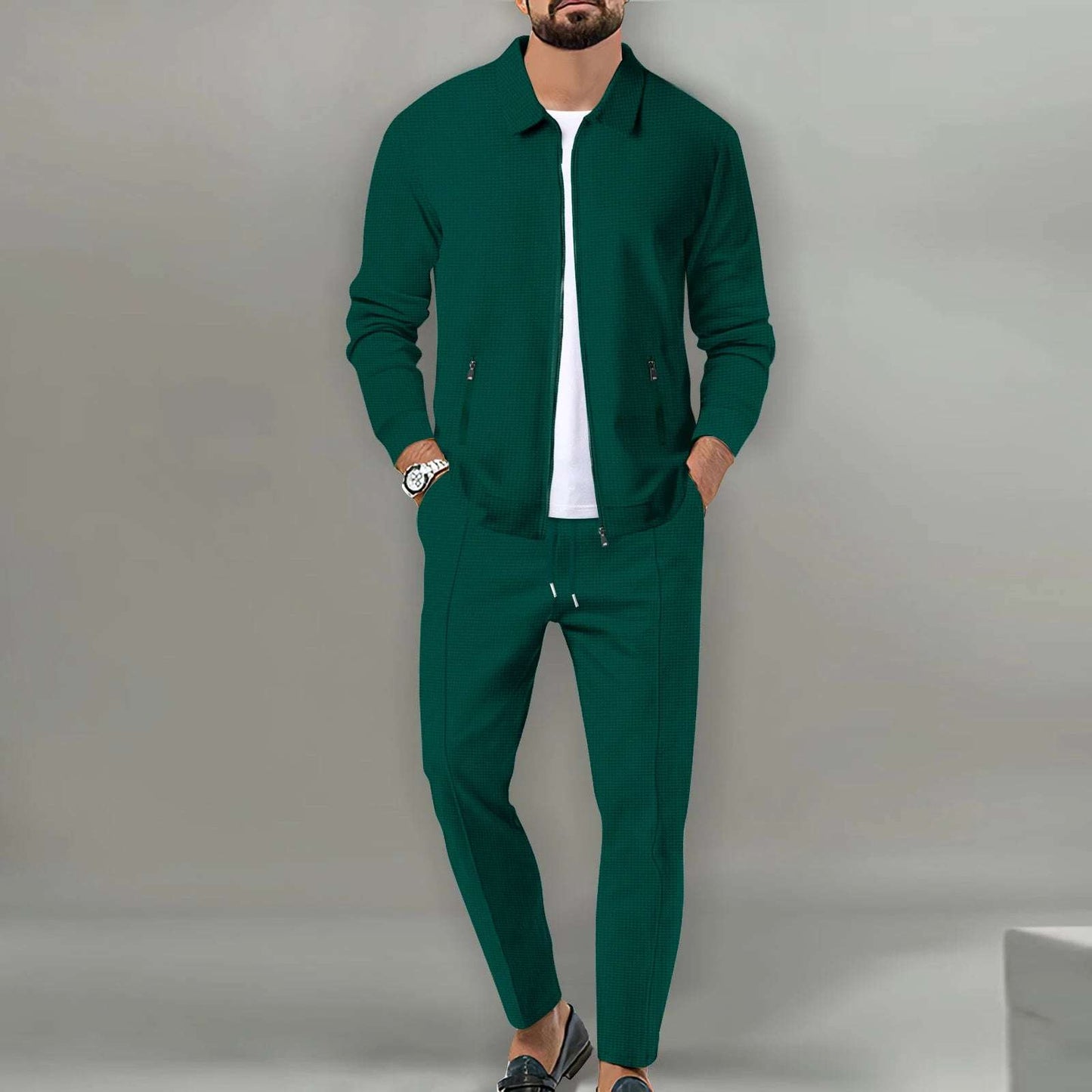 Men's Slim Fit Jacket with Zipper Pocket, Long Sleeved Sportswear, Cardigan Jacket Set, Long Pants, Elegant, two-Piece Set