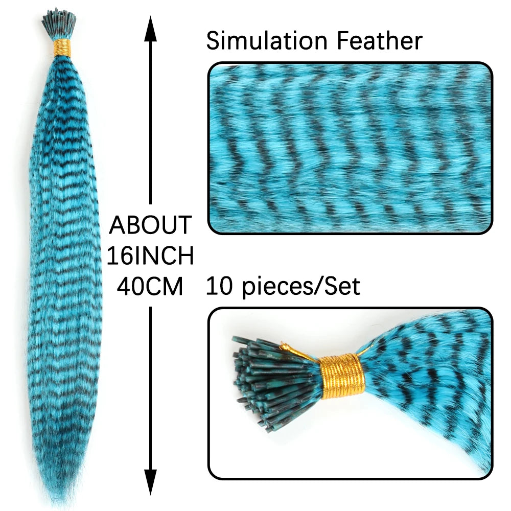 Feather Hair Extension 10Pieces Fake Hair I Tip Rainbow Synthetic Hair 16inch Hairpiece Feather for Hair Extension