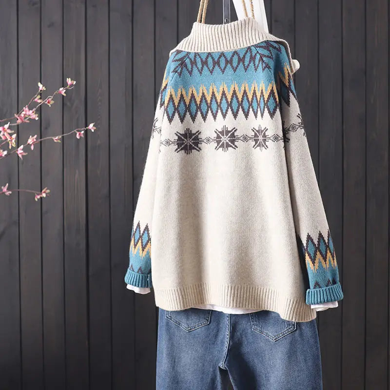 female autumn and winter knitted button jacquard pocket long sleeve knitted cardigan women commuter art sweater coat
