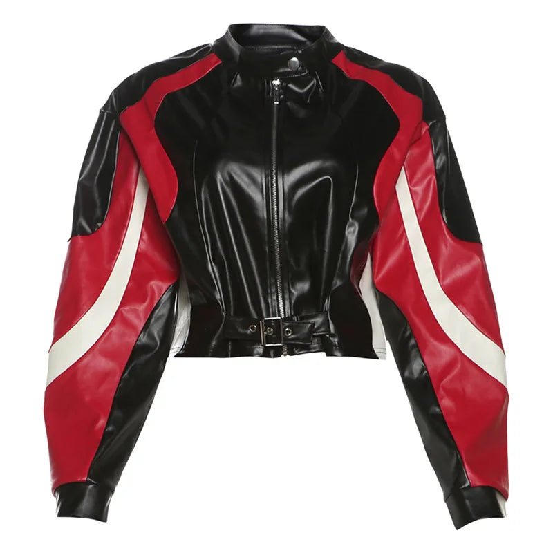 Leather Color blocking Short Jacket Women's Biker Long Sleeve Zipper Waistless Jacket