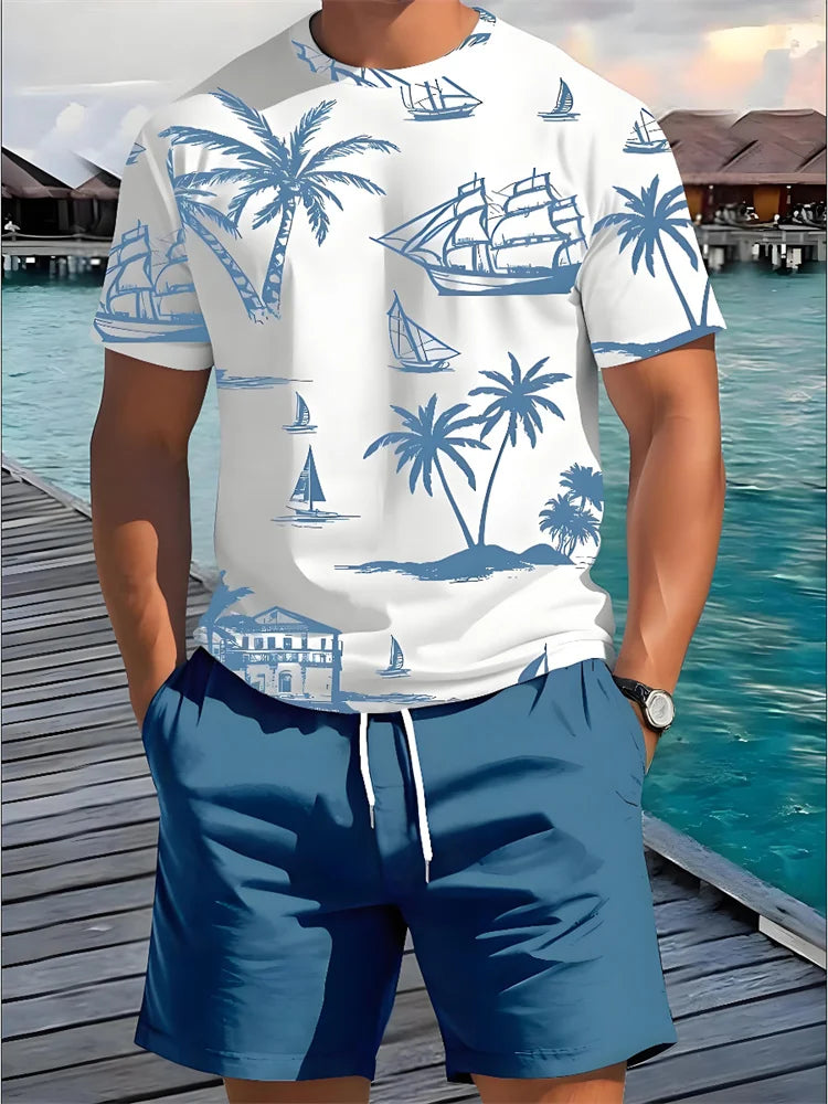 Summer Two Piece Casual Daily Men's Short sleeved Shorts Set Hawaii Printed Men's T-shirt Outdoor Sports Men's