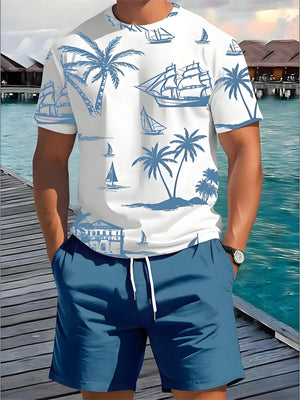 Summer Two Piece Casual Daily Men's Short sleeved Shorts Set Hawaii Printed Men's T-shirt Outdoor Sports Men's