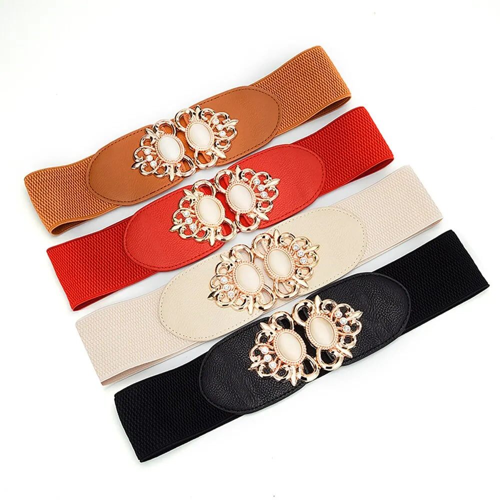Women's Fashionable Golden Imitation Gemstone Shape Elastic Waist Closure With Double Hook Buckle Wide Belt