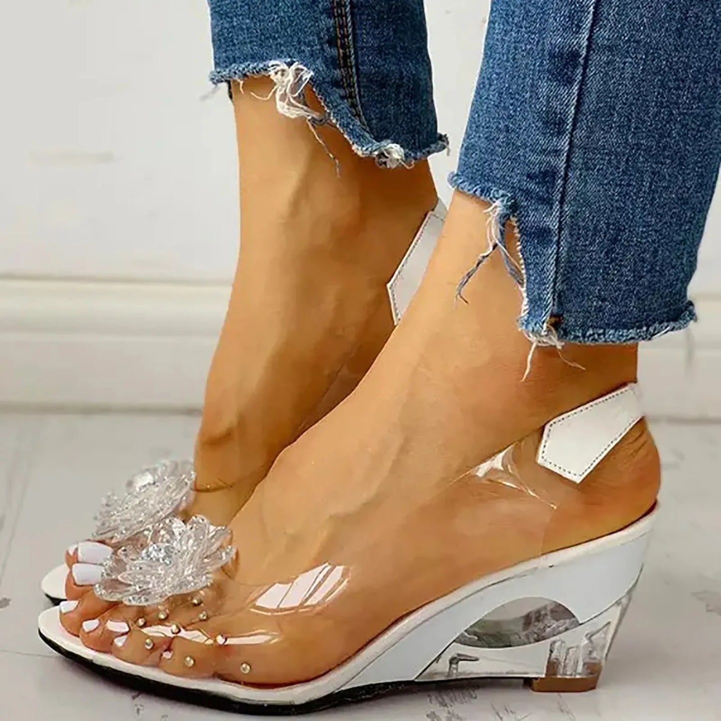 Female Shoes Leisure Transparent Crystal High Heels Diamond Slope Heel Sandals Fish Mouth Shoes Women's Dressy Sandals