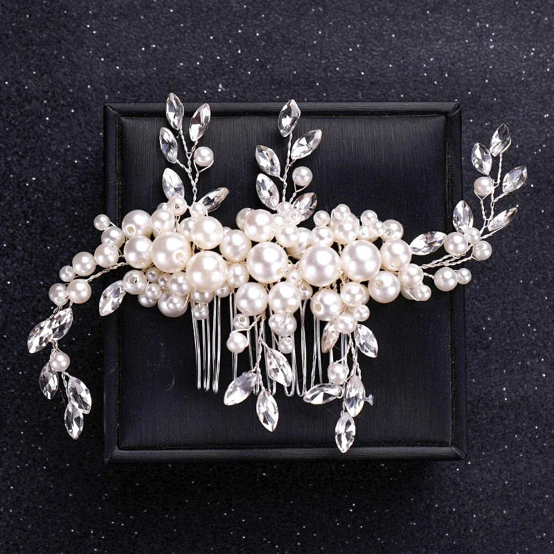 Handmade Silver Crystal Flower Hair Comb Pearl Rhinestone Flower Hair Combs For Women  Hair Jewelry Wedding Hair Accessorie