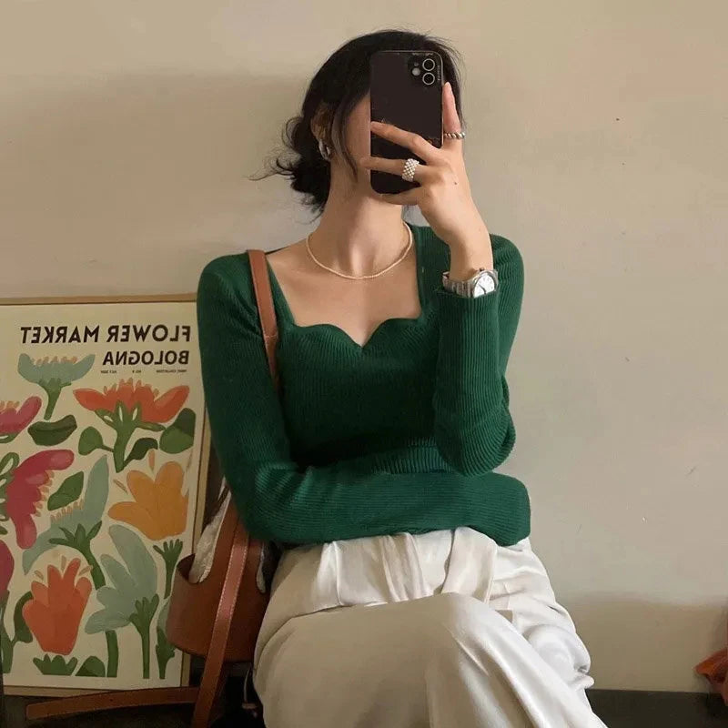 Knitted Pullovers Women Vintage Solid Sweaters Elegant Knitwear Square Collar All Match Jumpers