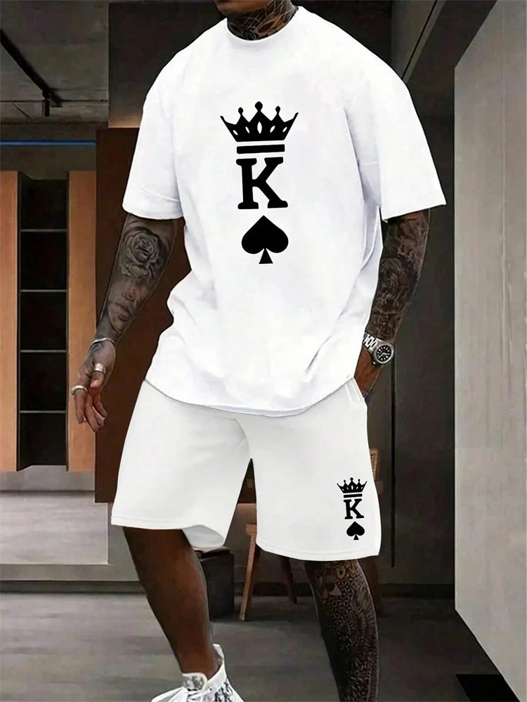 Men's Short Sleeve Shorts Set Fashion King Printed T-Shirt Shorts Sets of Casual Round Neck Breathable Sportswear