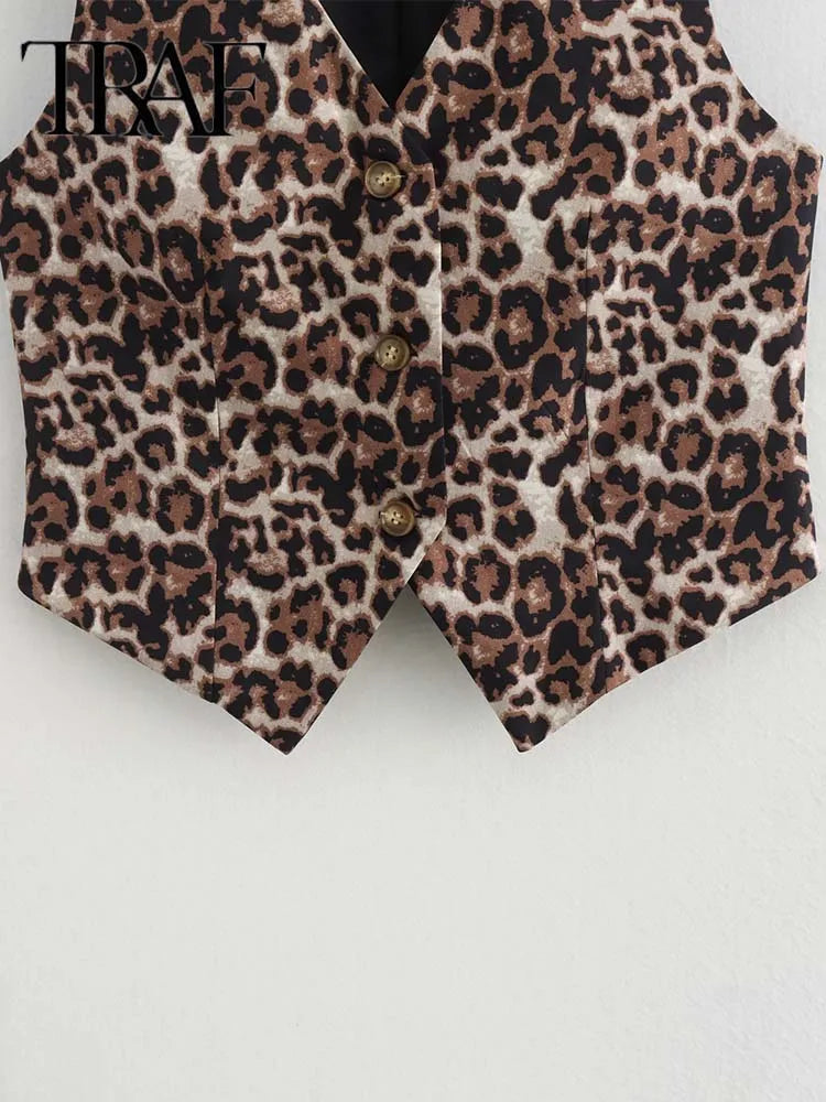 Women's Vest  Leopard Summer V-Neck Single-breasted Vest Top Ladies Casual Cropped Sleeveless
