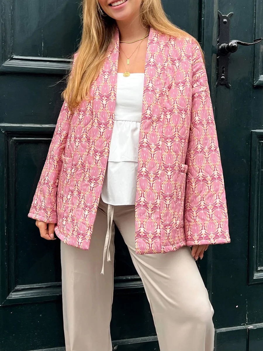 Ladies Retro Floral Print Hooded  Jacket Warm Winter Quilted Coat with Zipper Closure and Pockets