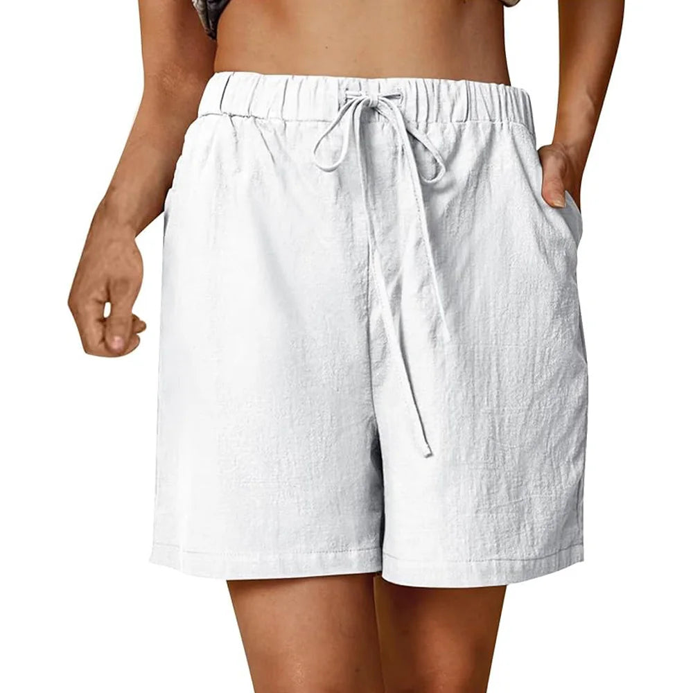 Women's Summer Casual Shorts Drawstring Solid Color Cotton Linen Short Pants Female Loose Straight