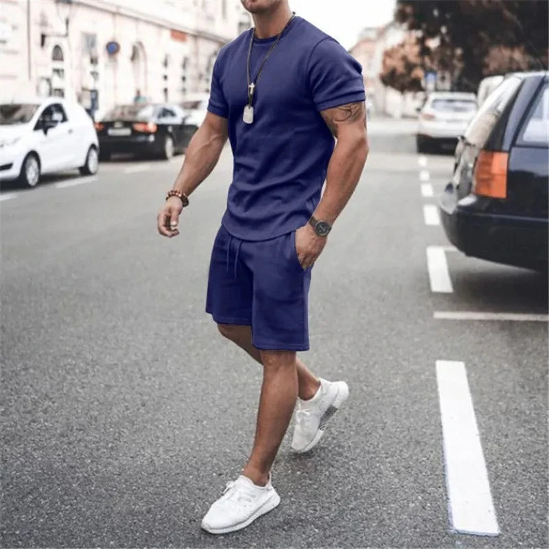 Solid Color Europe and The United States Men's  Summer  Short Sleeve T-shirt  +Shorts 2pcs Set Leisure Sports Men Suit