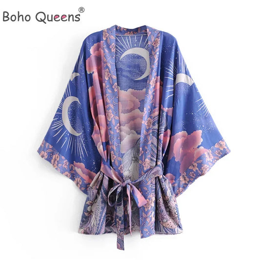 Boho Queens Vintage Star and Moon Floral Print Women's Bohemian V Neck Batwing Sleeves Kimono