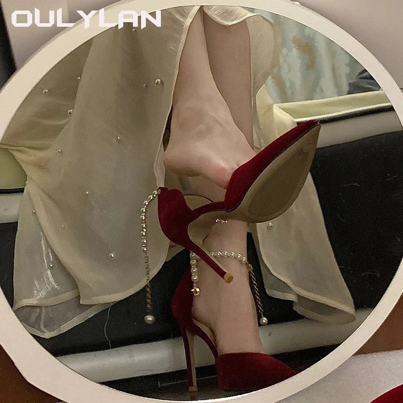 Pearl Strap Sexy Pointed Toe Fine High Heel