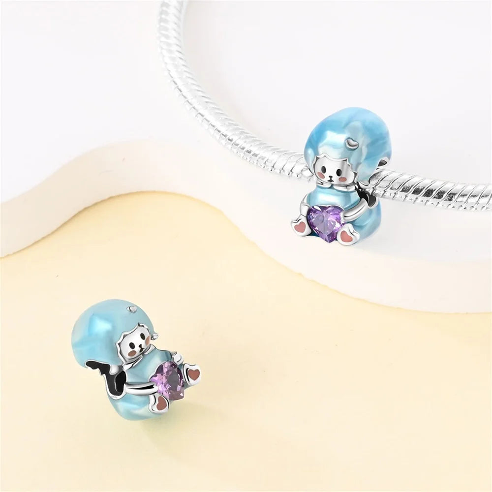 925 Sterling Silver Cartoon Cute Lamb Heart Shaped Beads Fit Pandora Original Bracelet Charms