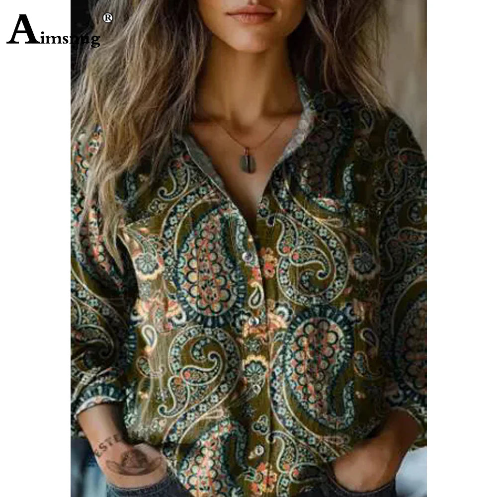 European Style  Women Long Sleeve Basic Shirts New Casual Beach Tops Blouse Ladies Bohemian Flower Print shirt