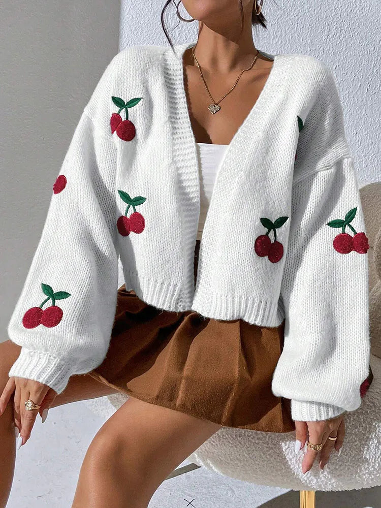 Fashionable low shoulder cherry embroidery pattern cardigan commuter sweater women's loose jacket knitted sweater