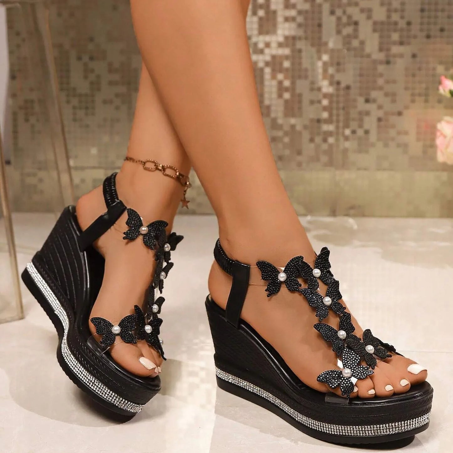 Women's High Wedge Sandals Platform Fashionable Butterfly Decoration Rhinestones Popular Among Toe Sandals For Women