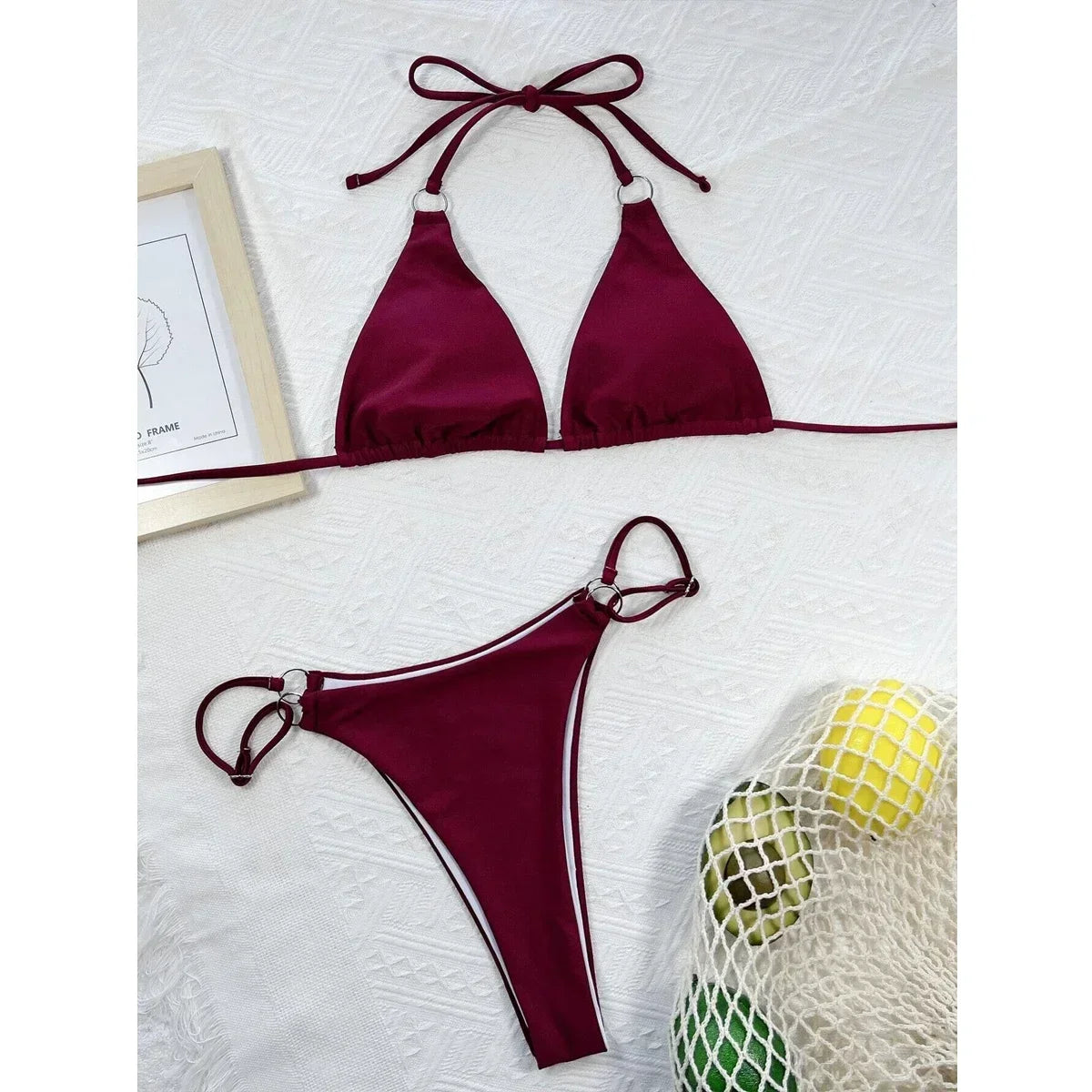 Solid Color Swimsuit Women 2 Piece Bikini  Triangle Cup Halter Lace-up Backless Bathing Suit Low Waist Summer Beachwear