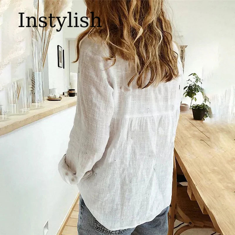 Elegant Cotton Linen Shirts Women Casual Solid Button Lapel Blouses Shirts  Long Sleeve Loose Tops