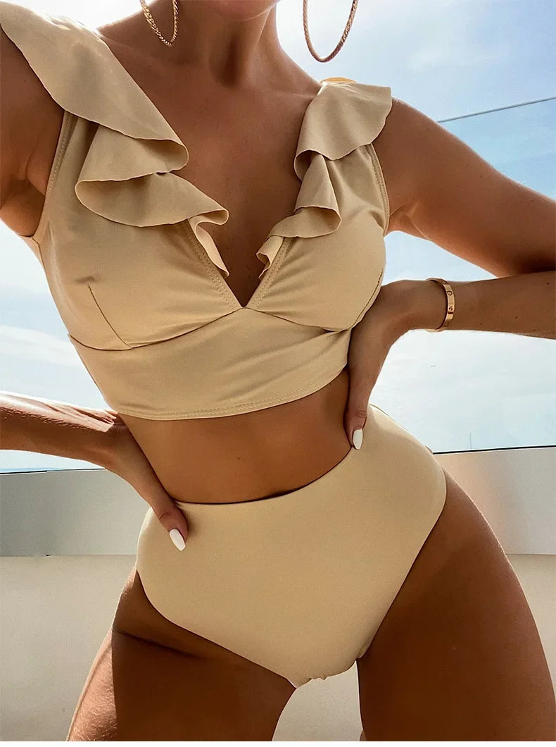 Solid Color  V-neck Ruffle Bikini  Women 2 Piece Swimwear Push Up Padded High Waist Swimsuit