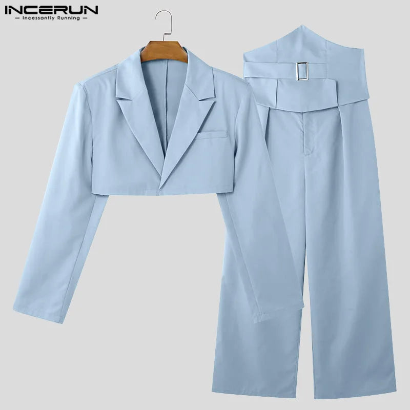 Fashion Casual Style Sets  Men's Cropped Waistband Design Suit Wide Leg Long Pant Handsome Male Solid Suit 2 Pieces