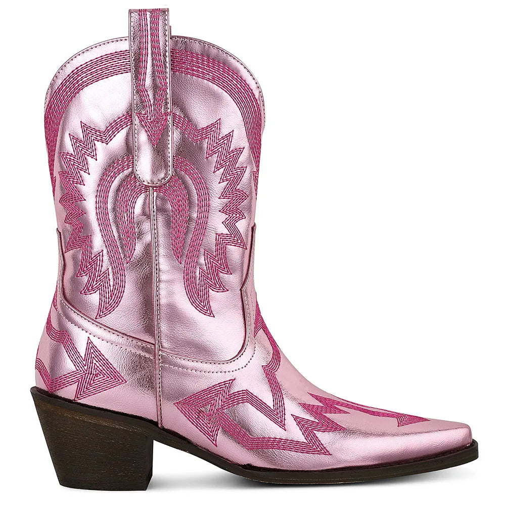Metallic Cowboy Boots Embroider Pointed Toe Chunky High Heels Pull On Vintage Wide Calf