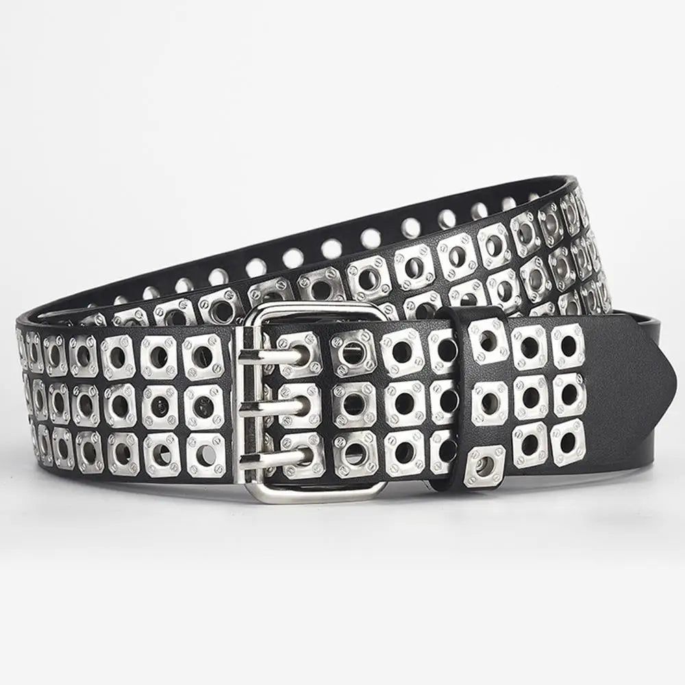 3.8cm Width PU Leather Belt With Metal Rivet Design 3 Pin Buckles Waistband Goth Belt