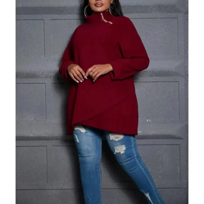 Plus Size 1XL-5XL Women's Fashion Irregular High Neck Casual Sweater Zipper Loose Top Casual Solid Color