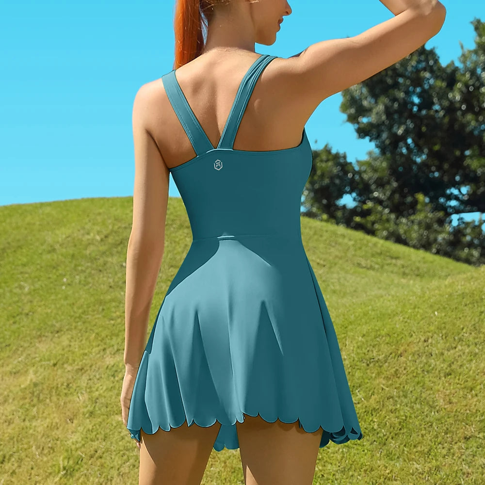 Women Tennis Dress Scalloped Neckline Removable Padded V Back Design Separate Shorts with Two Side Pockets Golf Dress