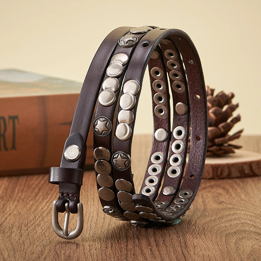 1CM Luxury Skirt Dress Rivet Belt  Genuine Leather Punk Decoration Thin Strap