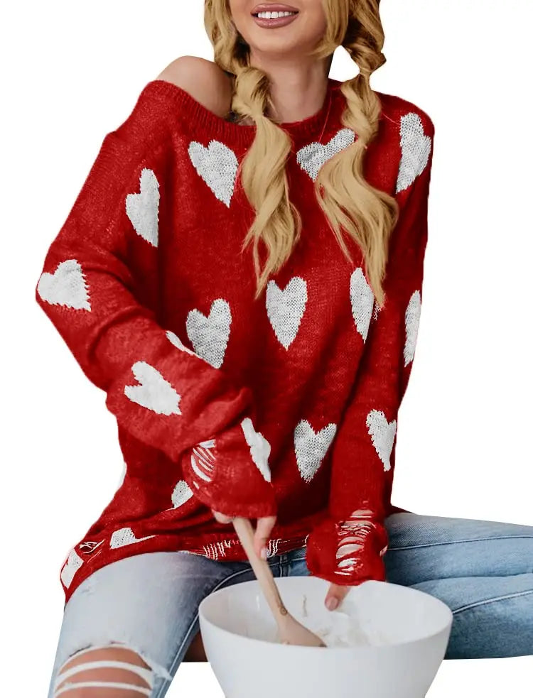 Cute Heart Print Sweaters Oversized Off The Shoulder Loose Knitted  Pullover