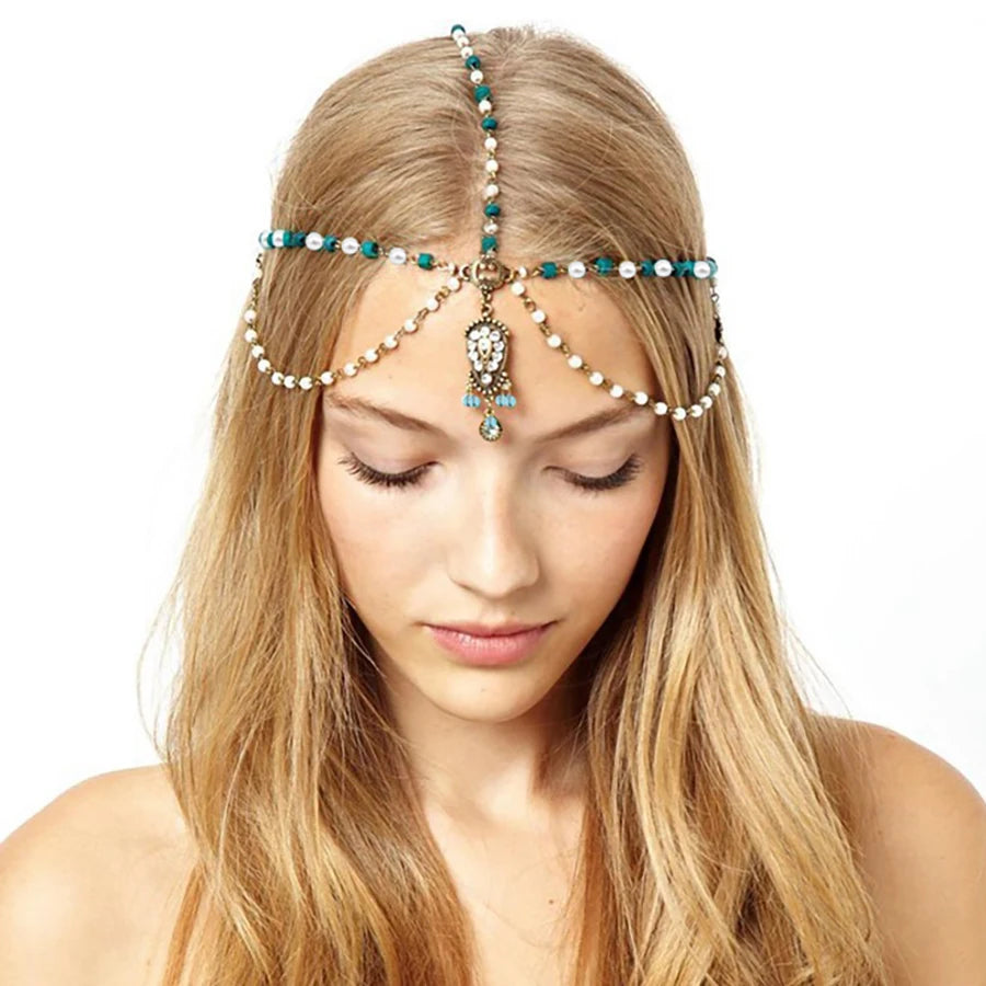 Fashion Bridal Wedding Hair Jewelry Accessories For Women Indian Boho Imitation Pearls Head Chain Head Piece Bijoux Femme