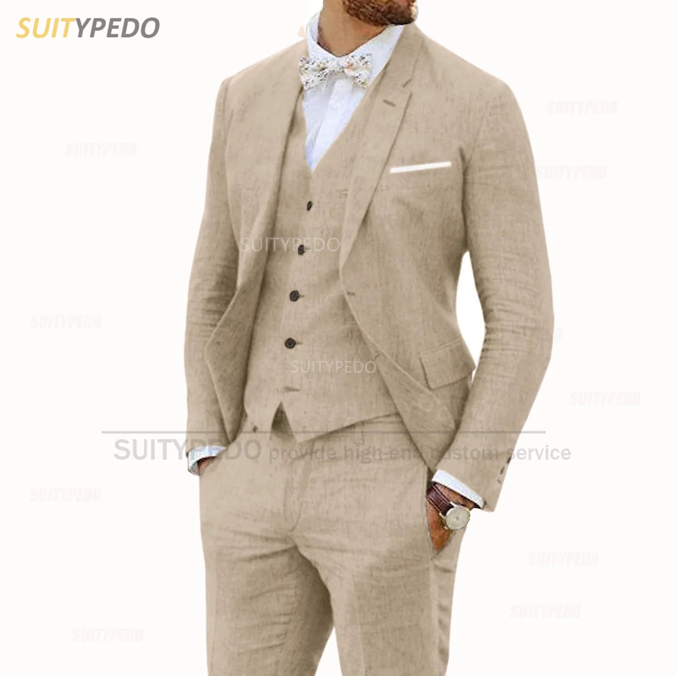 Linen Suits for Men 3 Pieces Casual Slim Fit Suit Blazer Vest Pants Set Formal Prom Wedding Tuxedos for Groomsmen Best Man