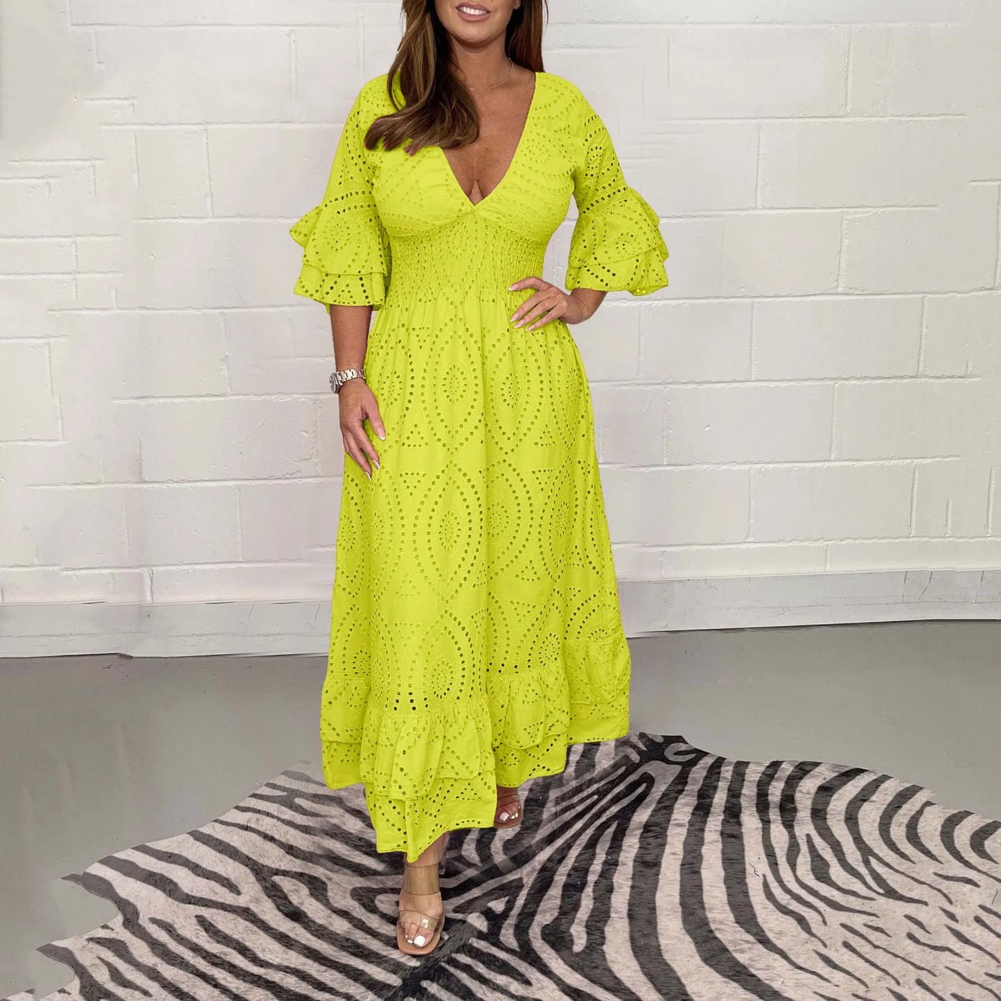 Women's Elegant V-neck  Hollow Out  Long Dress Summer  Casual Flare Sleeve  Dress