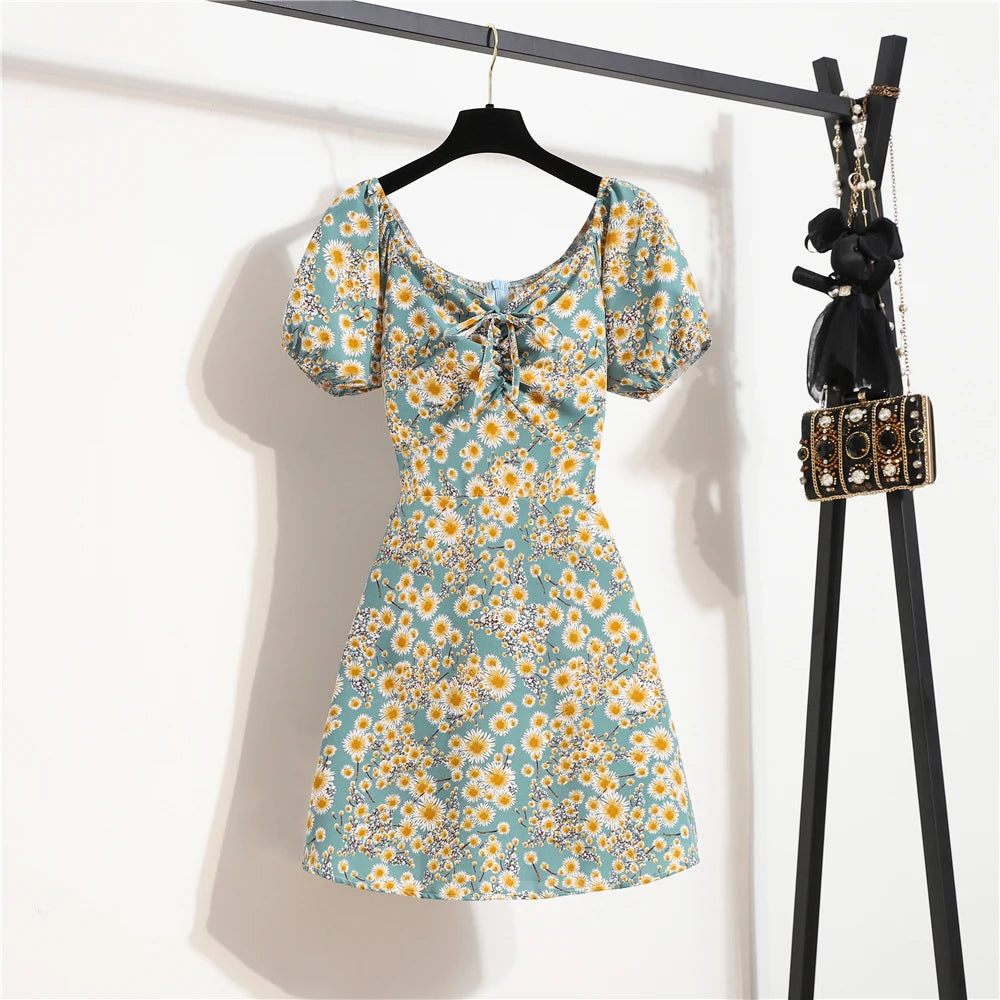 Women's Mini Dress Summer Fashion Female  Print Floral Chiffon Dresses Shirring Pleated Short Puffy Sleeve Casual Dress