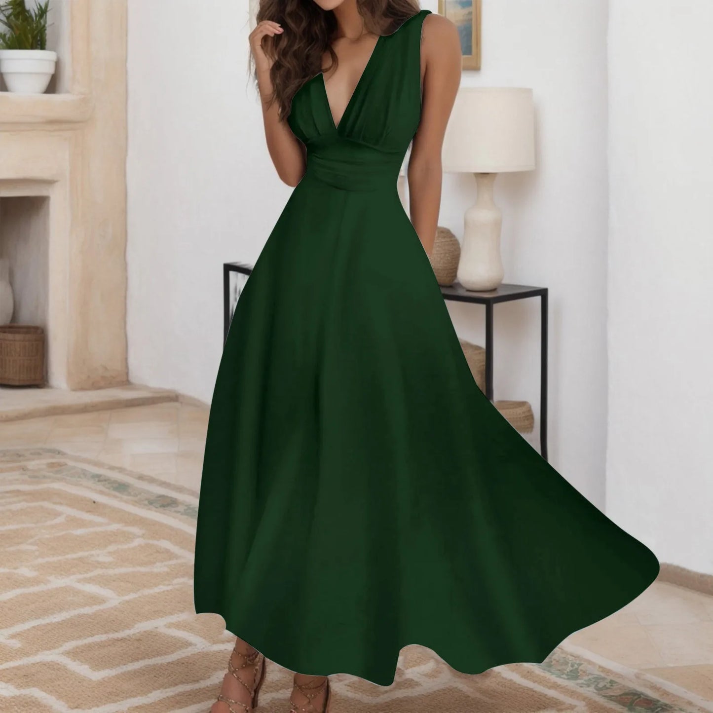 Women's Elegant A Line Sleeveless Midi Dress Casual Female V-neck Tunic Waist Swing Dress Wrap Long Dresses