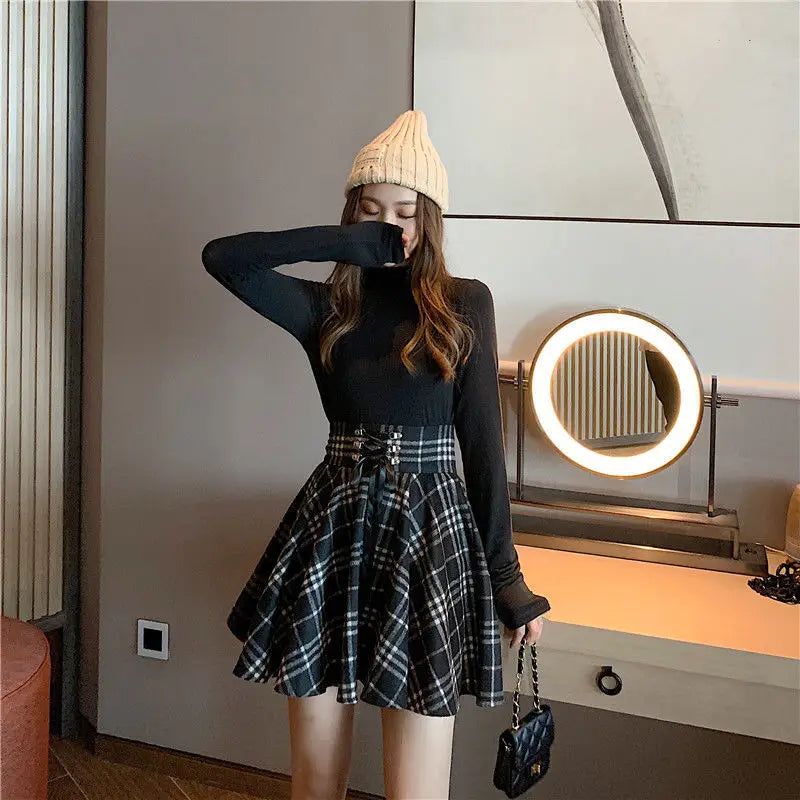 Woolen Plaid  Lace Up High Waist  Mini Skirt