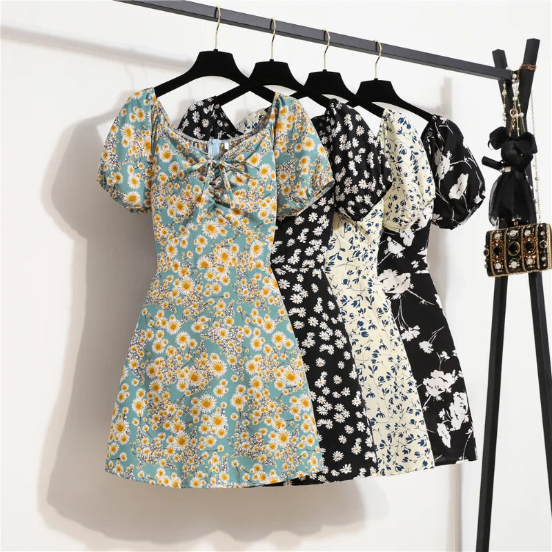 Women's Mini Dress Summer Fashion Female  Print Floral Chiffon Dresses Shirring Pleated Short Puffy Sleeve Casual Dress