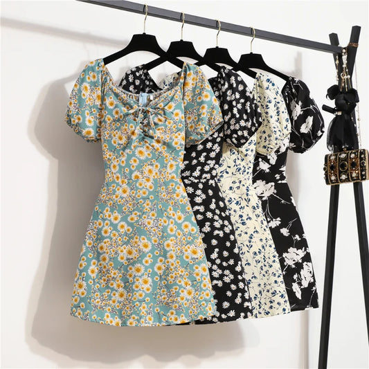 Women's Mini Dress Summer Fashion Female  Print Floral Chiffon Dresses Shirring Pleated Short Puffy Sleeve Casual Dress