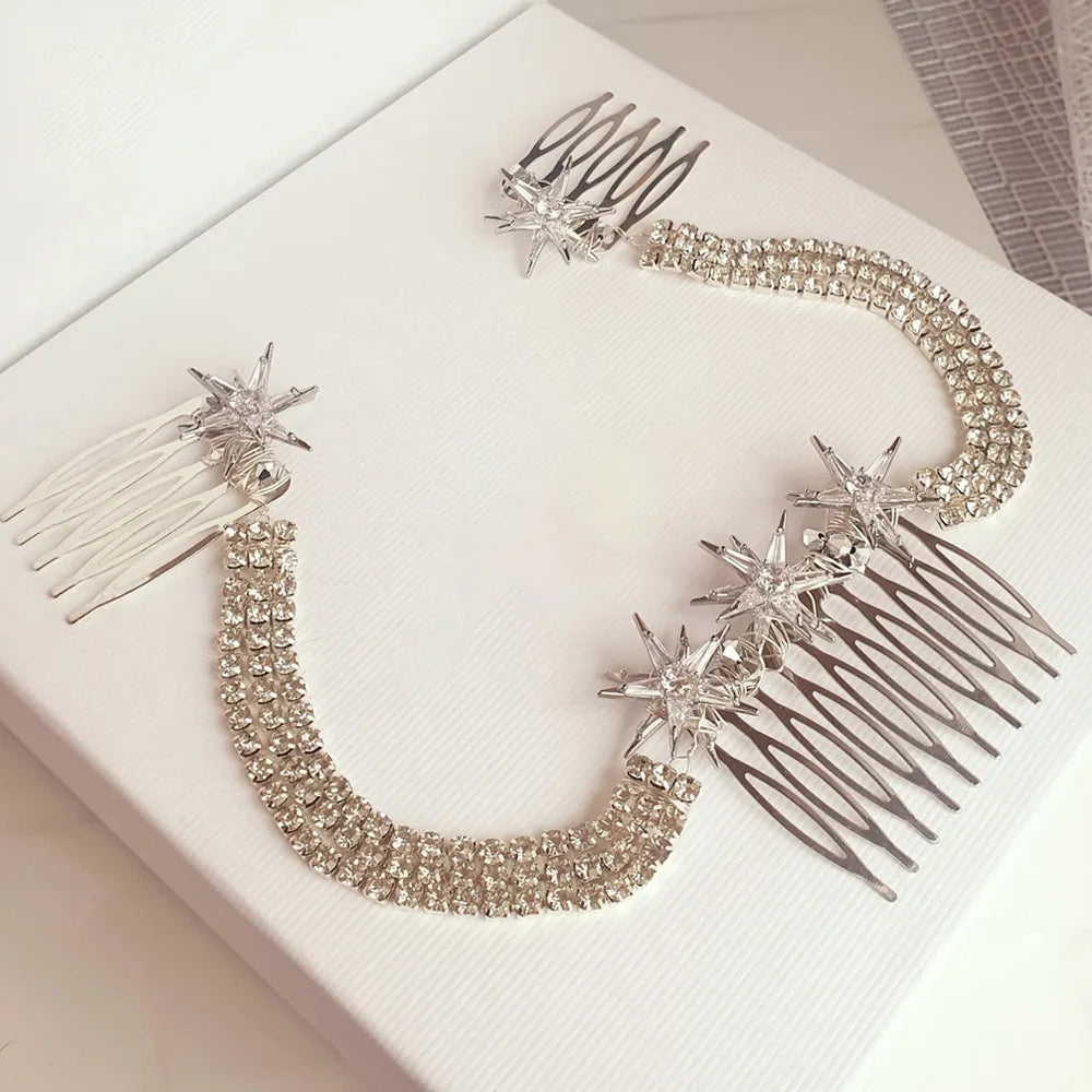 Luxury Star Hair Comb Rhinestone Chain Jewelry for Women Vintage  Multilayer Hair Chain