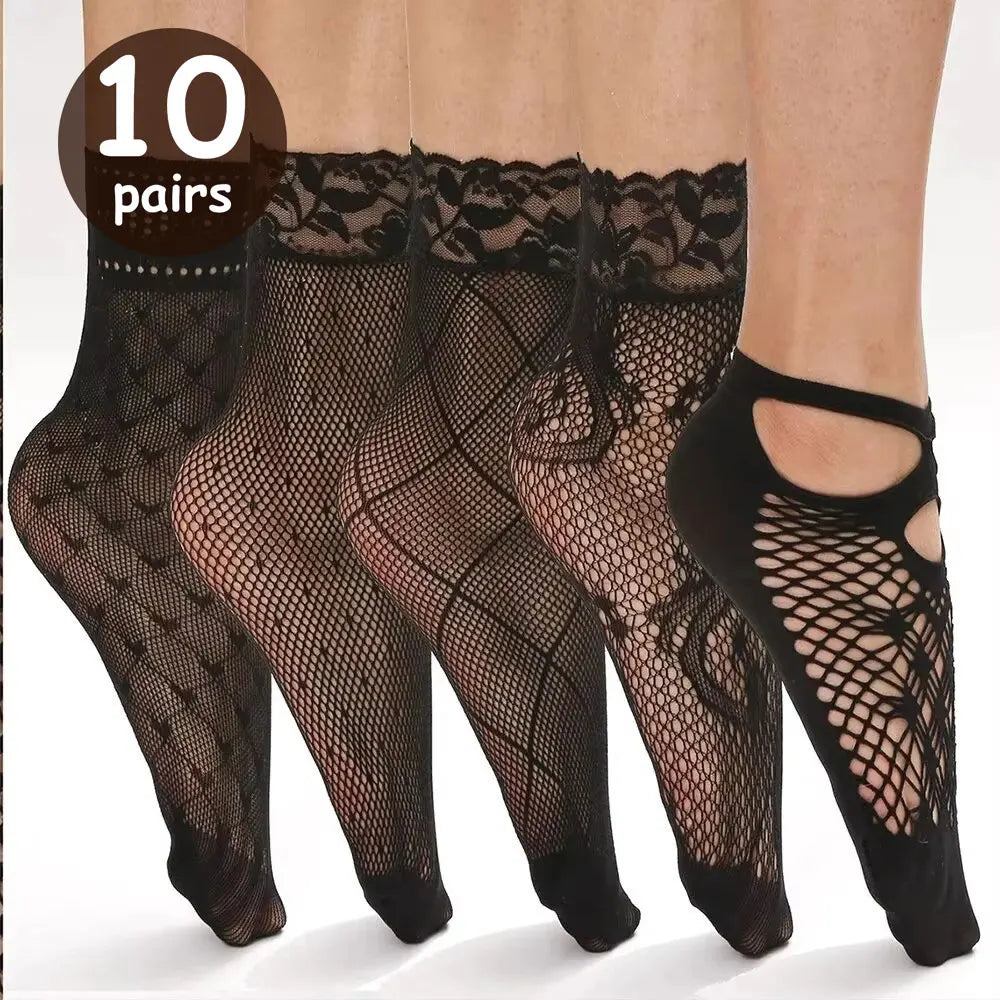 5/10/20 Pairs Vintage Lace Women's Socks Summer Mesh Elastic Transparent Ankle Socks  Women Versatile Fish Net Black Sock